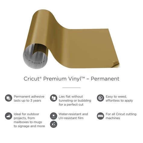 Cricut Premium Vinyl Permanent 30.5 cm x 122 cm (Textured Metallic Gold); Lies flat without tunneling or bubbling for a perfect cut; Easy to weed, effortless to apply for a light-changing effect; Ideal for indoor projects, from custom mugs and shower doors to decorative glassware and much more; Water-resistant adhesive